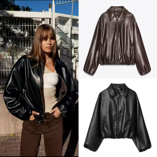 Damen Oversize-Kunstleder-Bomber mit Hemdkragen, verdecktem Reißverschluss und ballonärmeln Drune