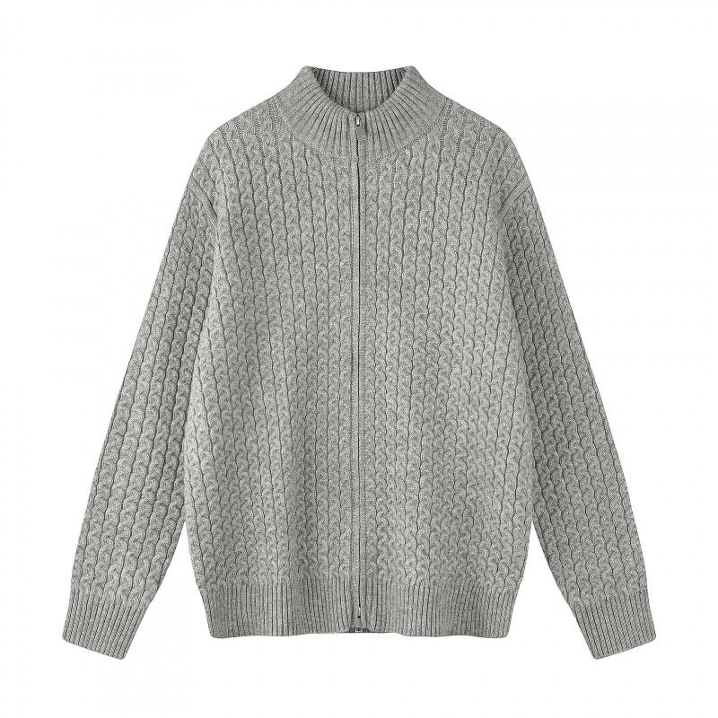 Unisex Boxy-Strickjacke mit Zopfmuster, Stehkragen und Zwei-Wege-Reißverschluss Drune