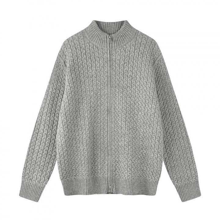 Unisex Boxy-Strickjacke mit Zopfmuster, Stehkragen und Zwei-Wege-Reißverschluss Drune