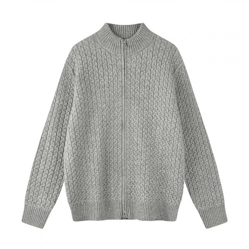 Unisex Boxy-Strickjacke mit Zopfmuster, Stehkragen und Zwei-Wege-Reißverschluss Drune