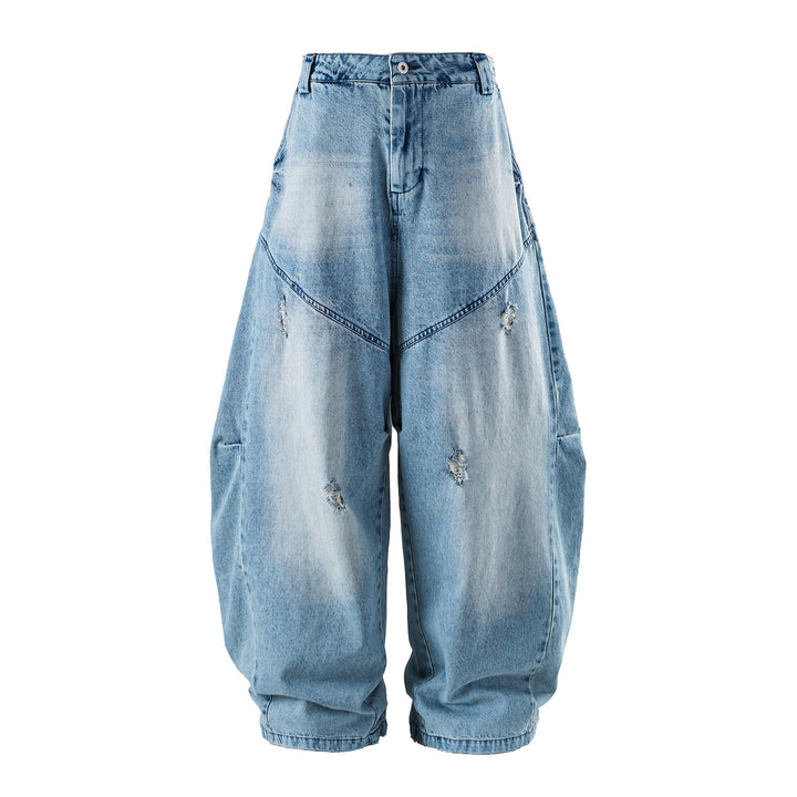 Damen hochgeschnittene weite Denim‑Culotte mit Cargotaschen, Used‑Effekt und elastischem Saum Drune