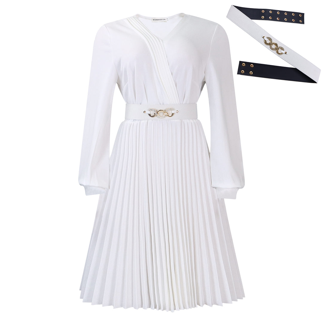 Damen Plissee Kleid mit festlichem Taillengürtel und elegantem V-Ausschnitt Drune