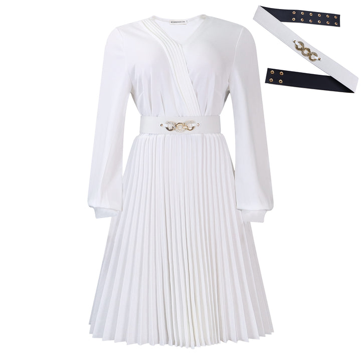 Damen Plissee Kleid mit festlichem Taillengürtel und elegantem V-Ausschnitt Drune