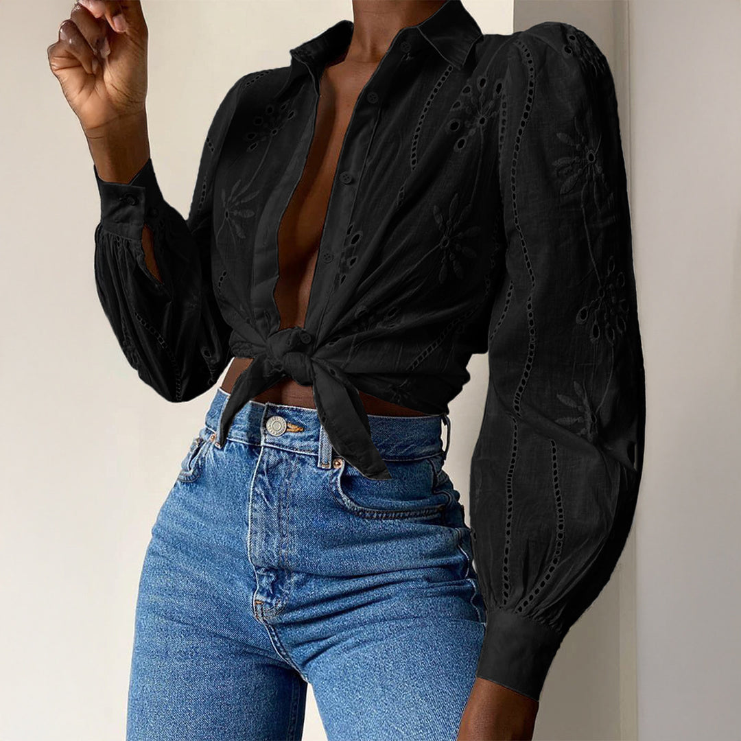 Damen Transparente Bluse mit Stickereien und Rüschendetails Drune