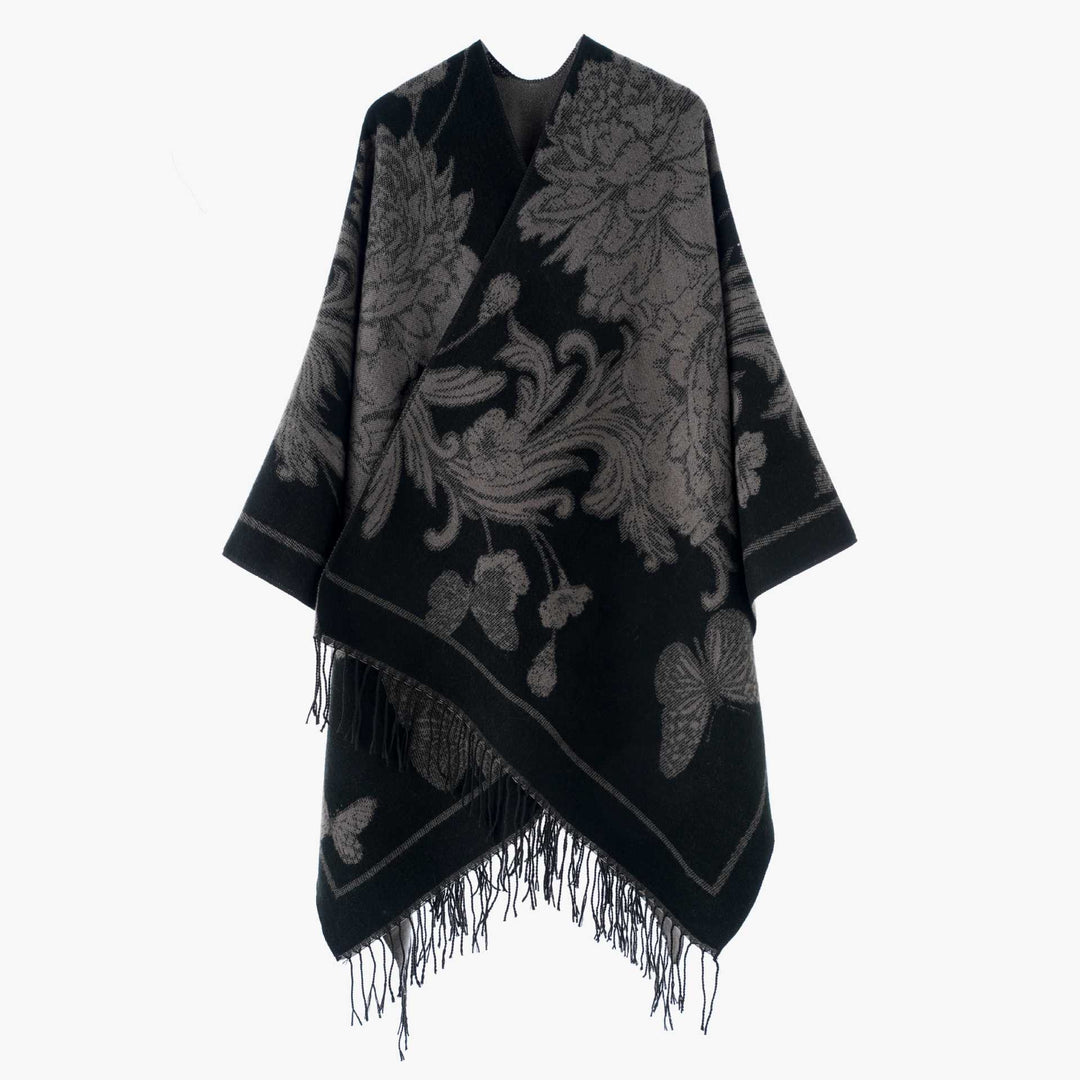 Damen Großer Wollmix Fransenponcho mit diagonalen Kontraststreifen Drune