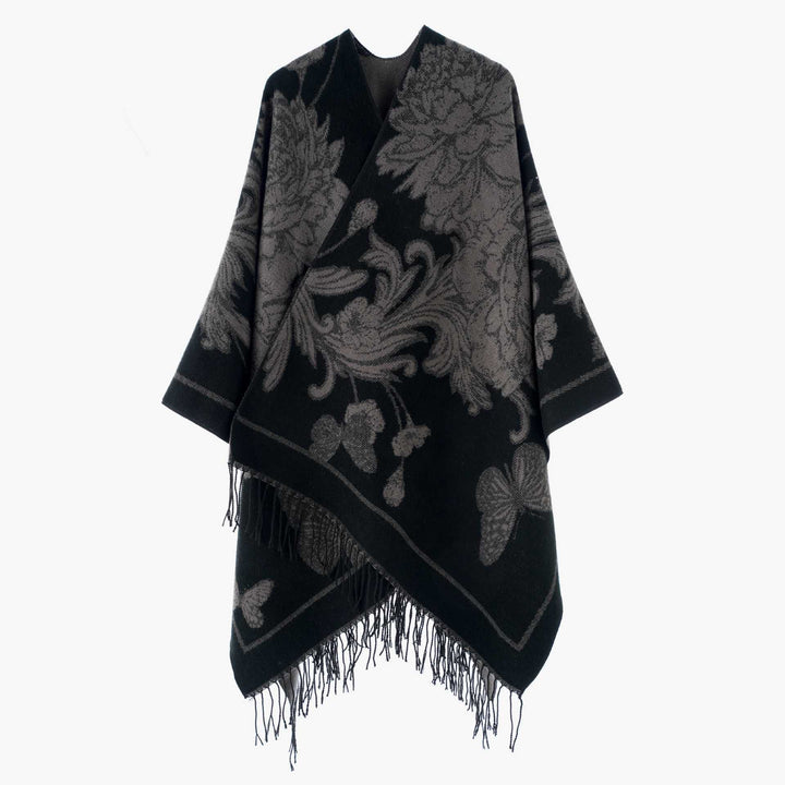 Damen Großer Wollmix Fransenponcho mit diagonalen Kontraststreifen Drune