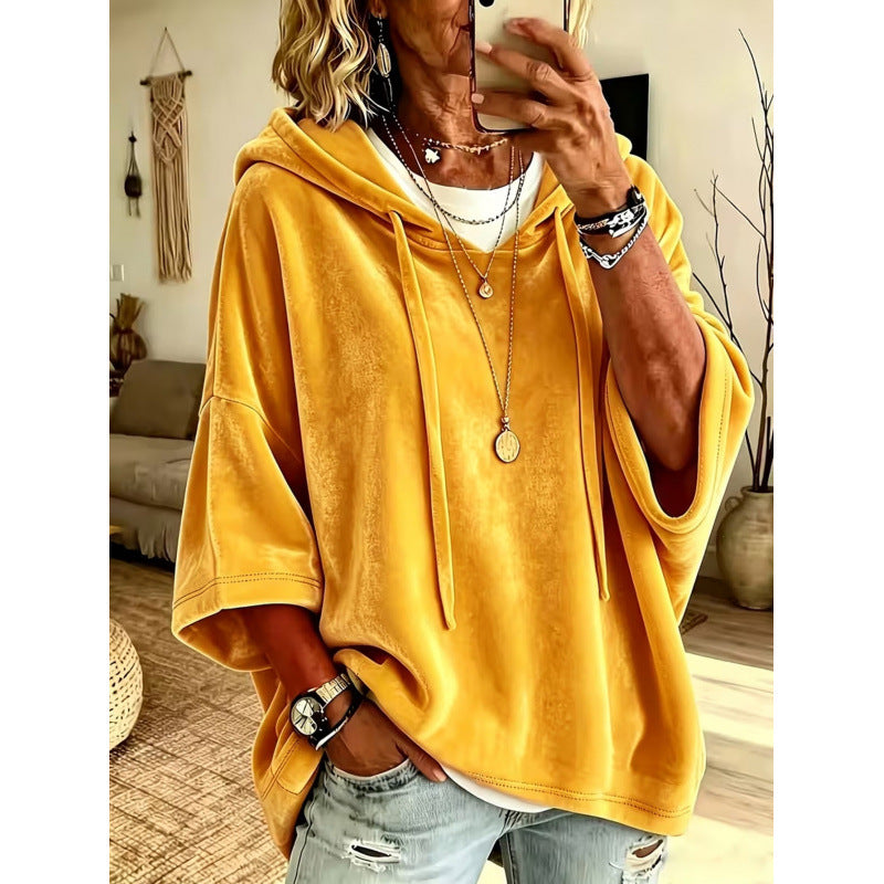 Damen Luxuriöser Samt-Hoodie mit Kimono-Kurzärmeln und Tunnelzug Drune