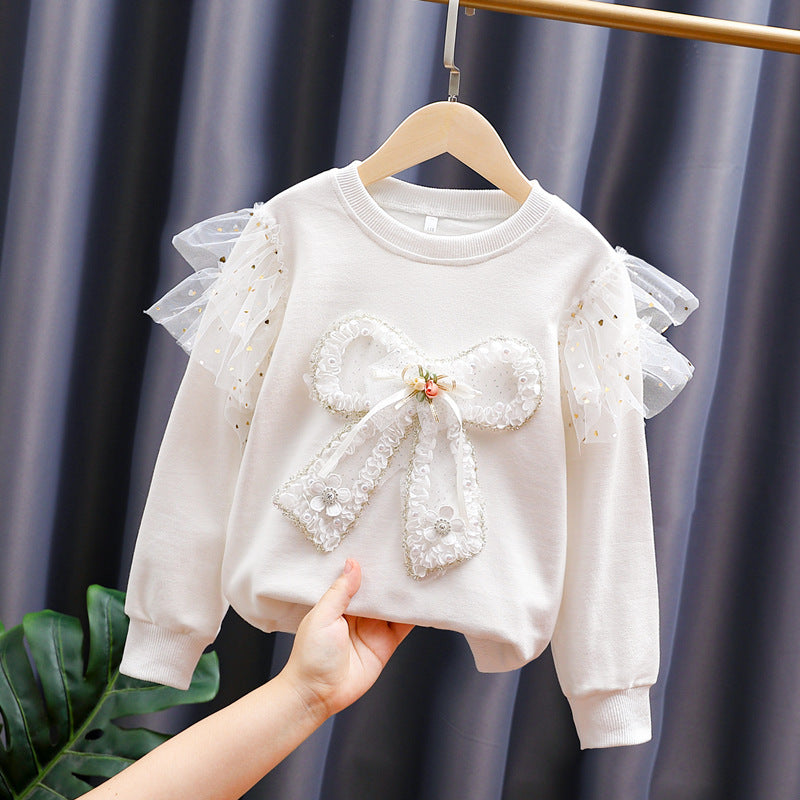 Mädchen modisches Sweatshirt mit transparenten Puffärmeln und Schleifendetail Drune