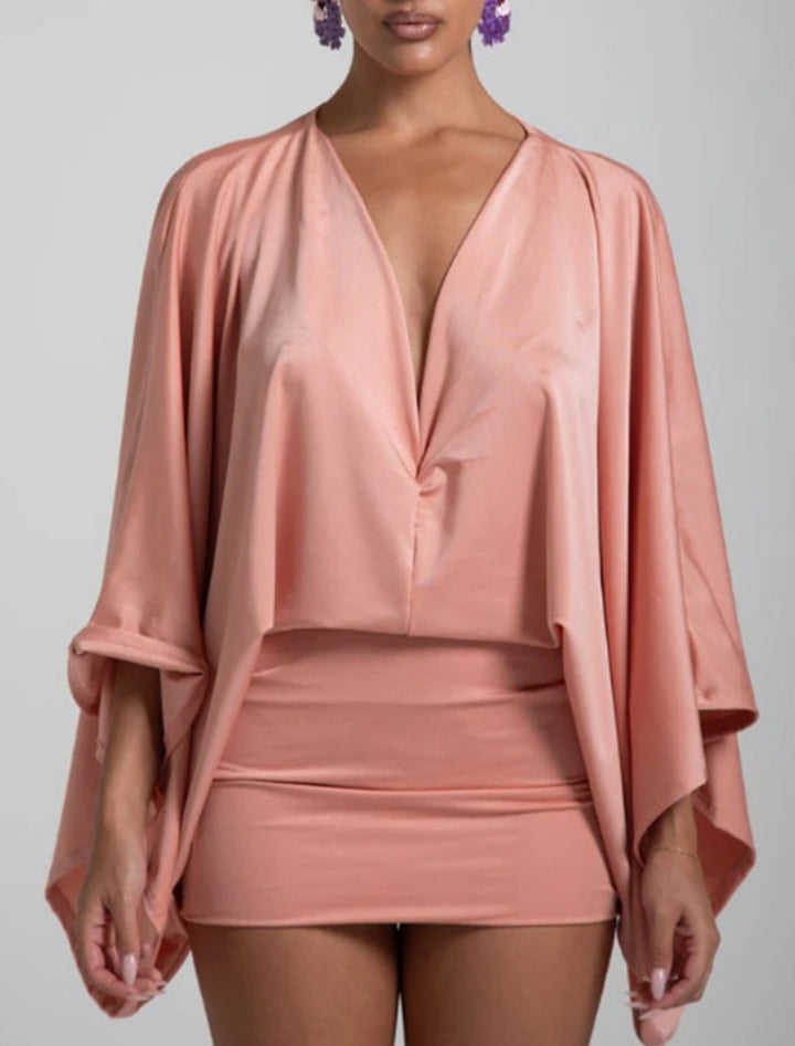 Damen nan Cape-Minikleid mit tiefem V-Ausschnitt, Fledermausärmeln und tailliertem Minirock Drune