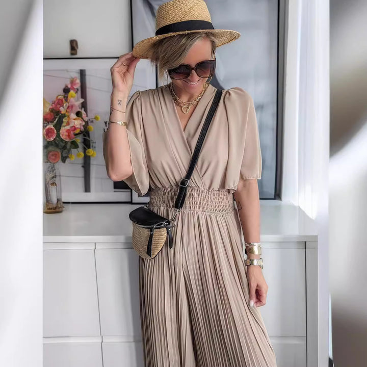 Damen Eleganter Jumpsuit mit tiefem V-Ausschnitt und voluminösen Ärmeln Drune