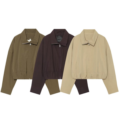 Damen Leichte Cropped-Blousonjacke mit Stehkragen, Reißverschluss und elastischem Bund Drune