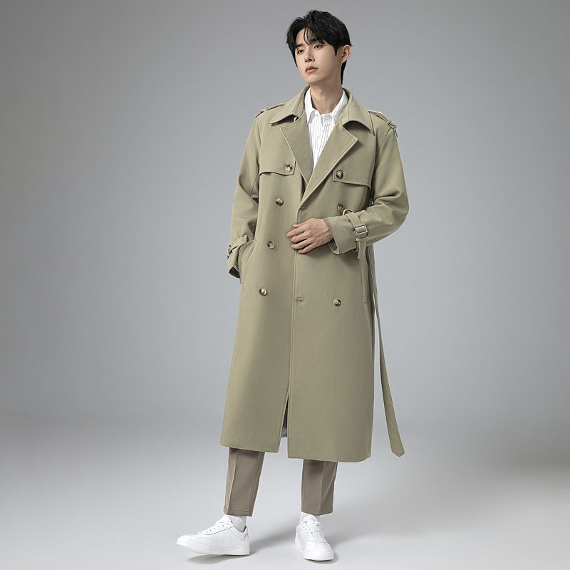 Herren Moderner Maxilanger Doppelreihiger Trenchcoat mit klassischem Revers und verstellbaren Manschetten Drune