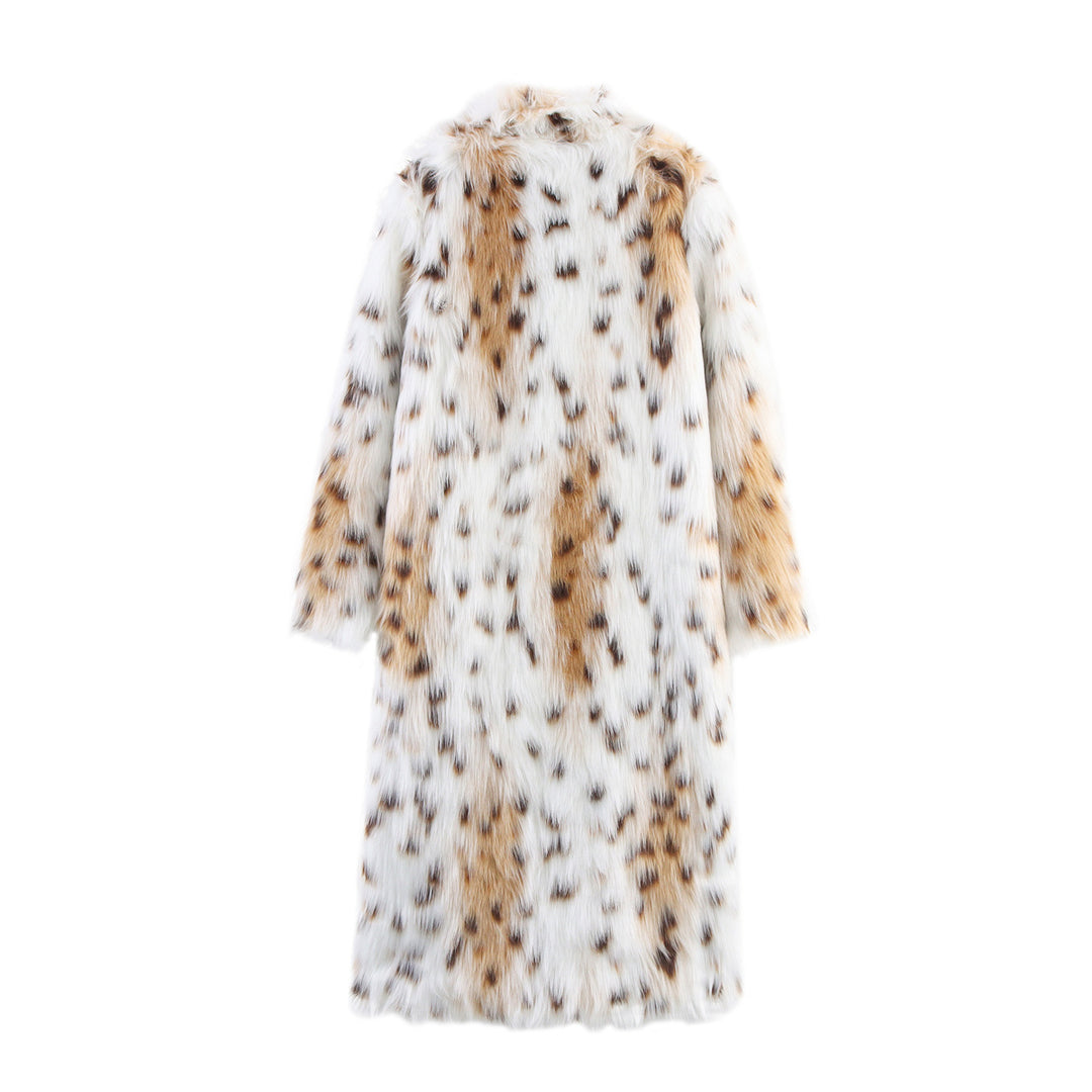 Damen Langer Oversize Kunstfell‑Mantel mit geflecktem Wildkatzenprint und Stehkragen Drune