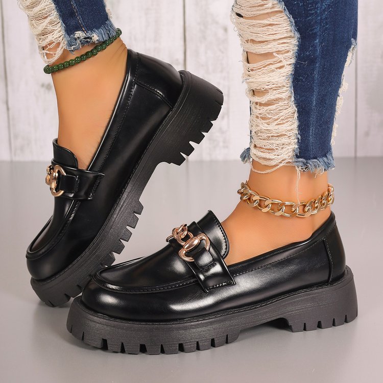 Damen klobige Loafer im Leder-Look mit profiliertem Plateau und Gliederketten-Applikation Drune