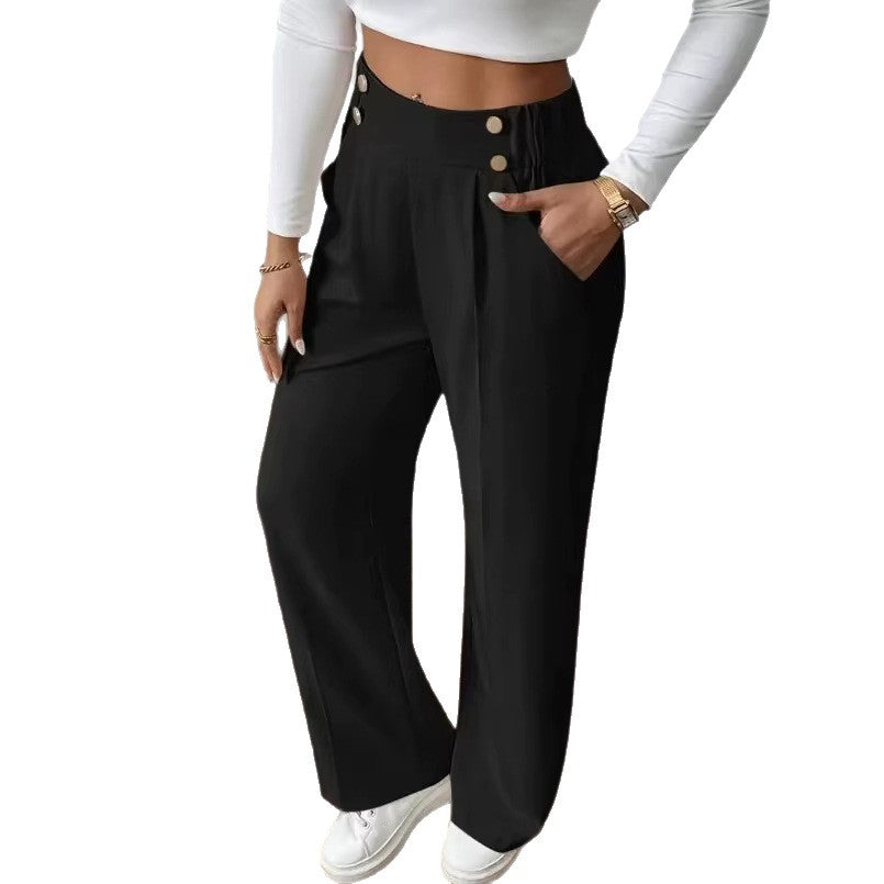 Damen elegante Hochbundhose mit seitlichen Knopfdetails und weitem Bein Drune