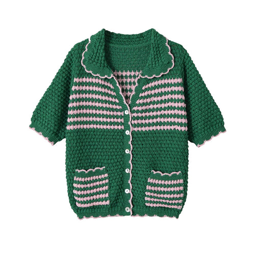 Damen Kurze gehäkelte Strickjacke mit Rüschenkragen und Kontraststreifen Drune