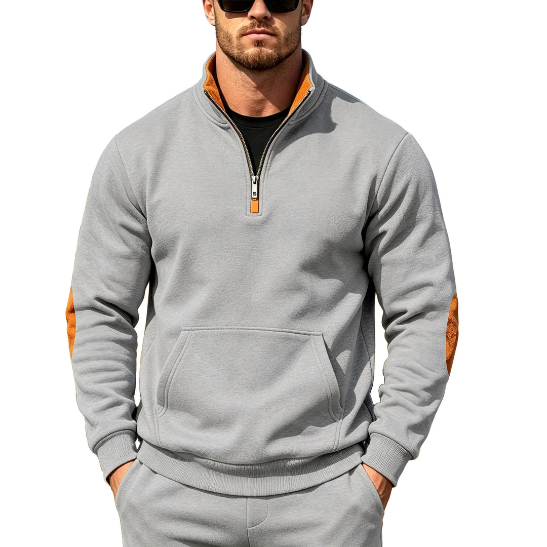 Herren Athletisches Halbzip-Sweatshirt mit Ellenbogenpatches und Kängurutasche Drune