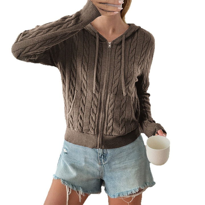 Damen nan Kapuzen-Strickjacke mit Reißverschluss, Zopfstrickstruktur und Kängurutasche Drune