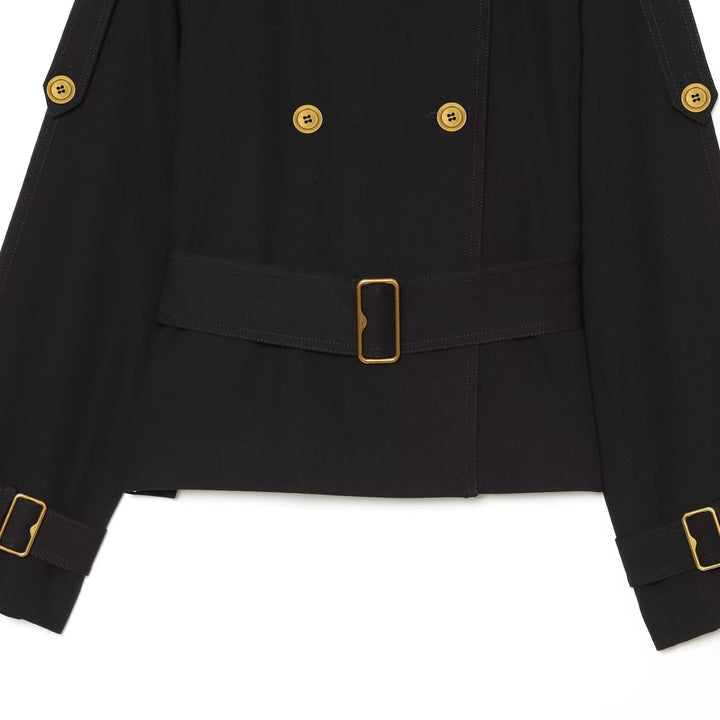 Damen Kurze Trenchjacke mit doppelreihiger Knopfleiste und Taillengürtel Drune