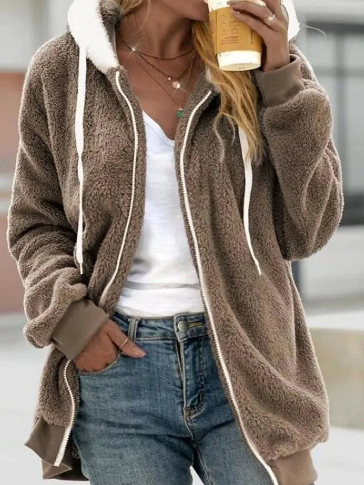 Damen Kuschelige Teddy-Fleece-Kapuzenjacke mit Reißverschluss und Oversized-Schnitt Drune