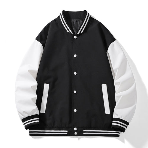 Unisex College-Bomberjacke im Varsity-Stil mit kontrastärmeln, gestreiften Rippbündchen und Druckknopfverschluss Drune