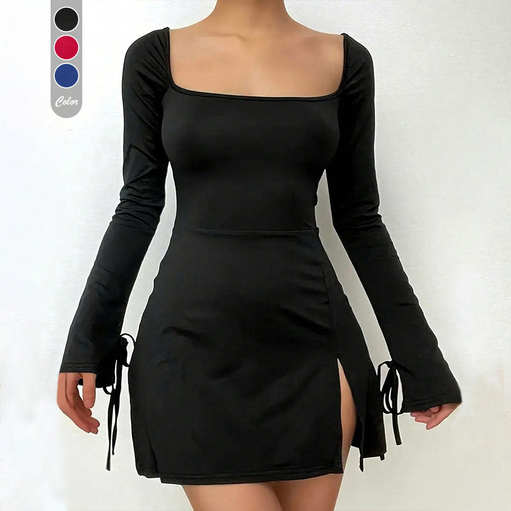 Damen figurbetontes Minikleid mit eckigem Ausschnitt Trompetenärmeln und seitlichem Schlitz Drune
