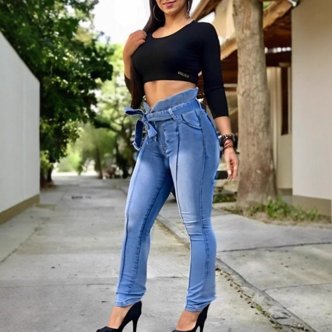 Damen Hochtaillierte Paperbag-Skinny-Jeans mit Bindegürtel und vertikaler Nahtführung Drune