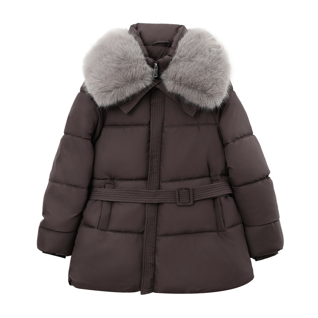 Damen Taillierter Pufferparka mit Wickelgürtel, hohem Stehkragen und voluminösem Fellkragen Drune