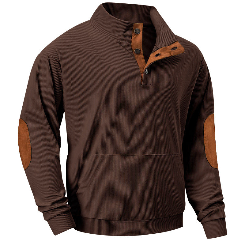 Herren nan geripptes Stehkragen-Pullover mit Knopfleiste, Kängurutasche und Wildleder-Ellenbogenpatches Drune