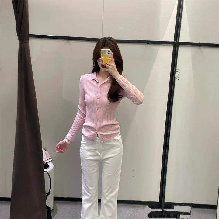 Damen Feinstrickbluse mit elegantem Kragen und Knopfverschluss Drune