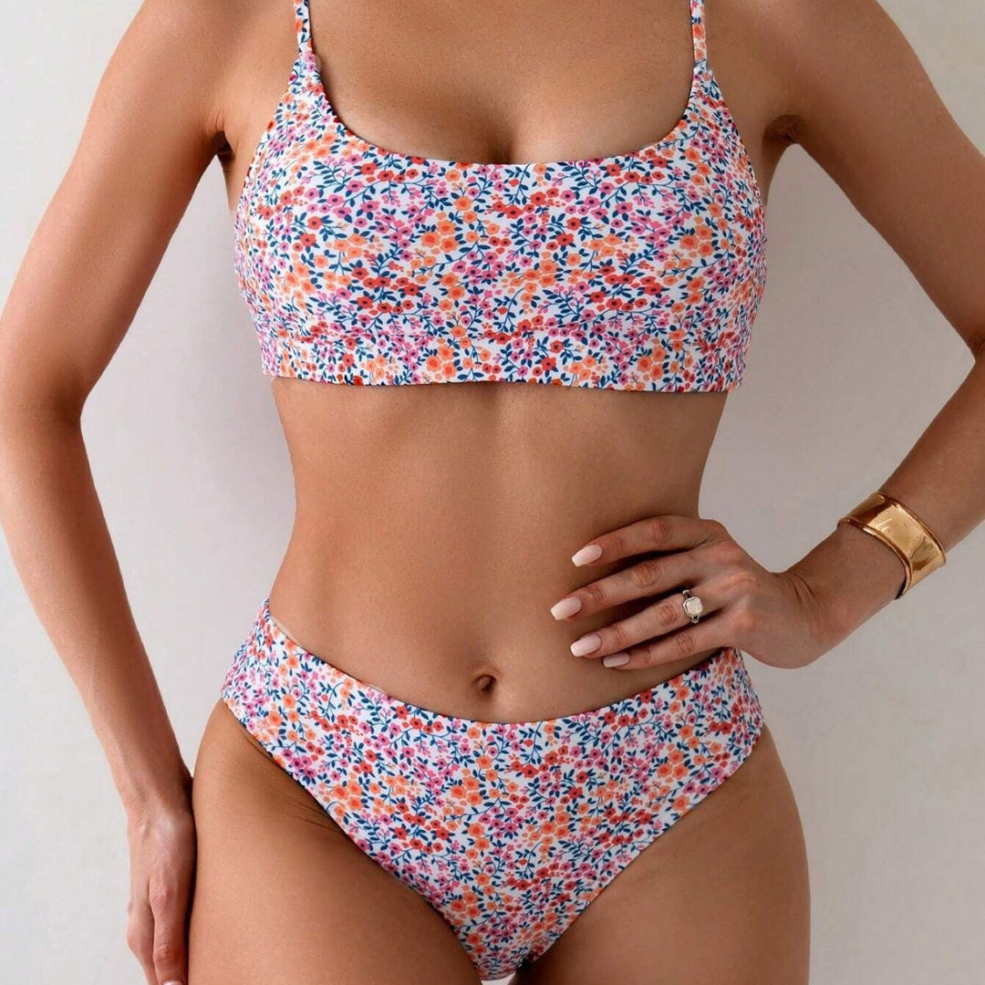 Damen hochgeschnittener Bikini mit floralen Mustern Drune