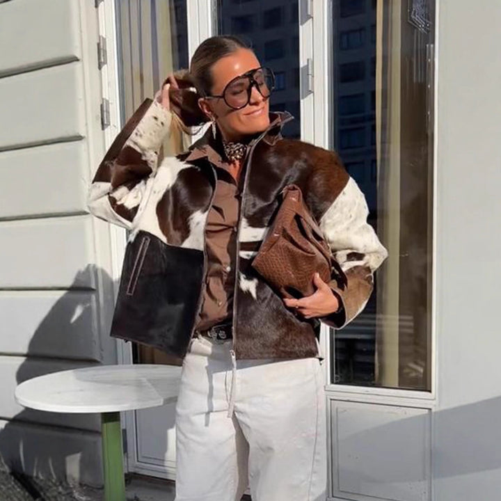 Damen Kurzjacke aus Haarigem Kunstfell mit Patchwork‑Optik und hohem Stehkragen Drune