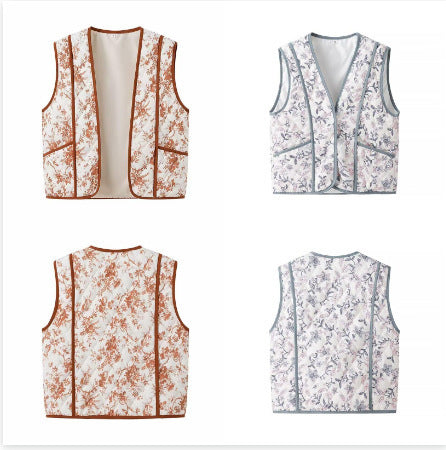 Damen Leicht gesteppte Steppweste mit floralem Print, V‑Ausschnitt und Eingrifftaschen Drune