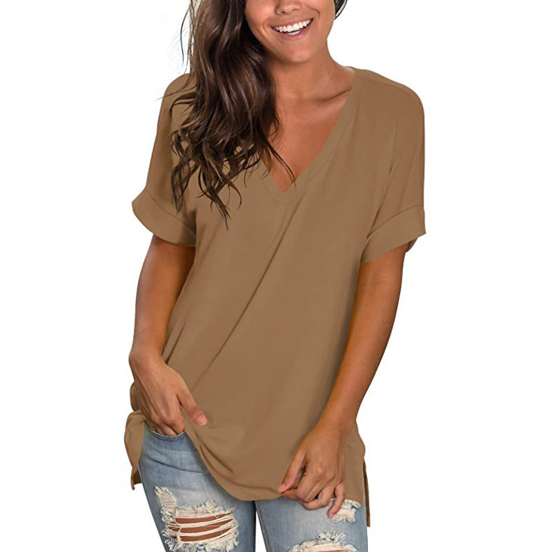 Damen V-Ausschnitt T-Shirt mit lässigem Schnitt und umgeschlagenen Ärmeln Drune