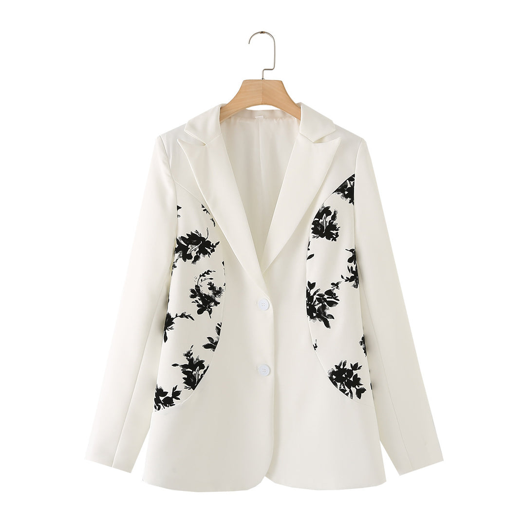Damen nan figurbetonter Einreiher-Blazer mit kontrastierenden Blumen-Seitpaneelen und weich fließender Silhouette Drune
