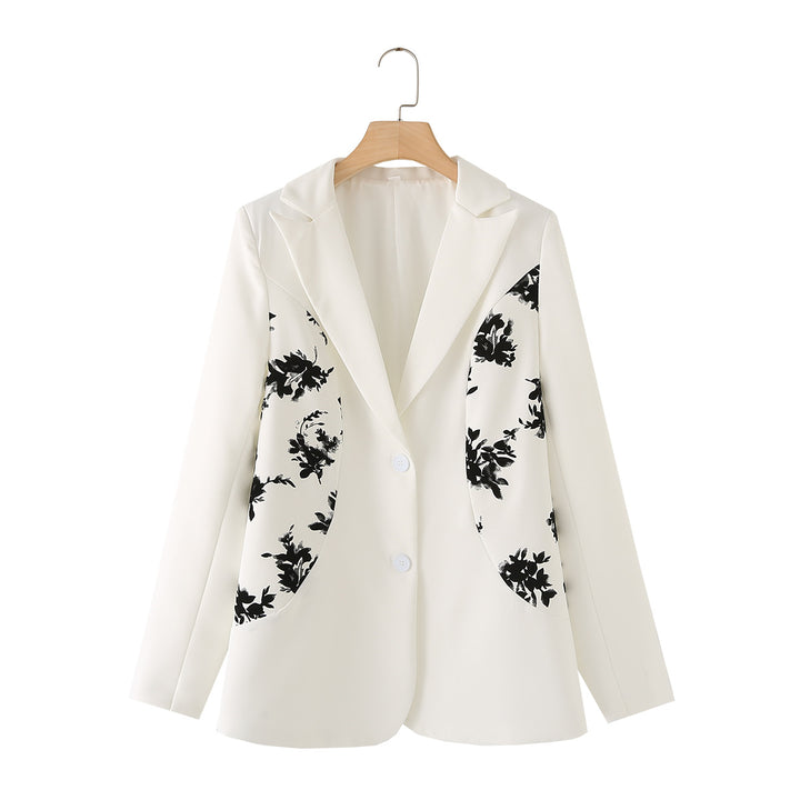 Damen nan figurbetonter Einreiher-Blazer mit kontrastierenden Blumen-Seitpaneelen und weich fließender Silhouette Drune