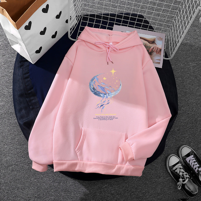 Damen nan Kapuzenpullover mit Mond‑und‑Wal-Illustration, Oversize-Schnitt und Kängurutasche Drune