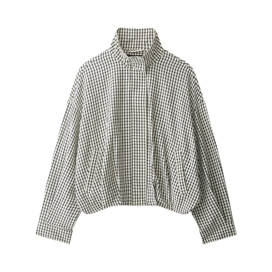 Damen Karierter Cropped-Boxy-Blouson mit Stehkragen und Eingrifftaschen Drune
