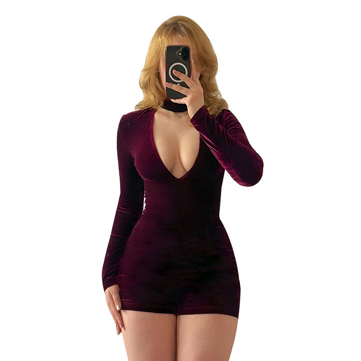Damen eleganter Jumpsuit mit tiefem V-Ausschnitt und Langarm-Wickeldetail Drune
