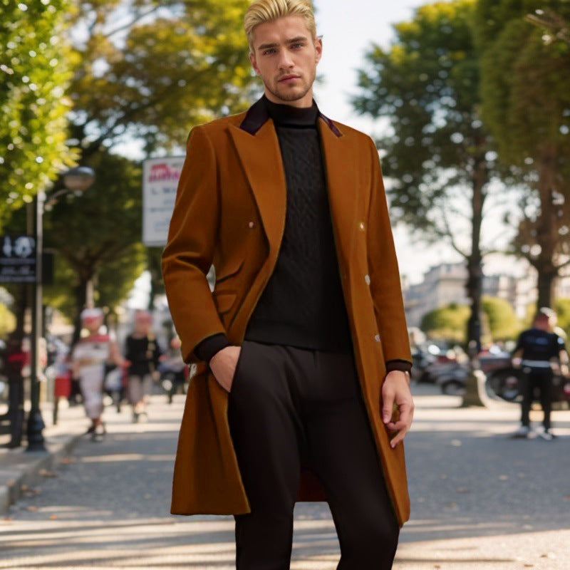 Herren moderner Urban-Mantel mit doppelter Knopfleiste und Samtkragen Drune
