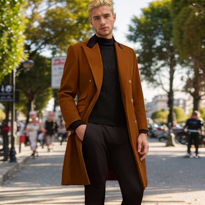 Herren moderner Urban-Mantel mit doppelter Knopfleiste und Samtkragen Drune
