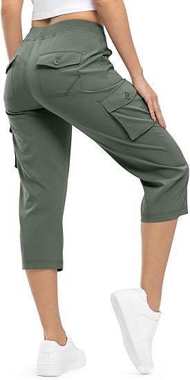 Damen Capri Cargo-Hosen in Bermuda-Länge mit hoher Taille und aufgesetzten Klappentaschen Drune