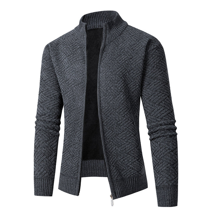 Herren Thermo-Strickjacke mit durchgehendem Reißverschluss, gefüttertem Stehkragen und geometrischem Strukturmuster Drune