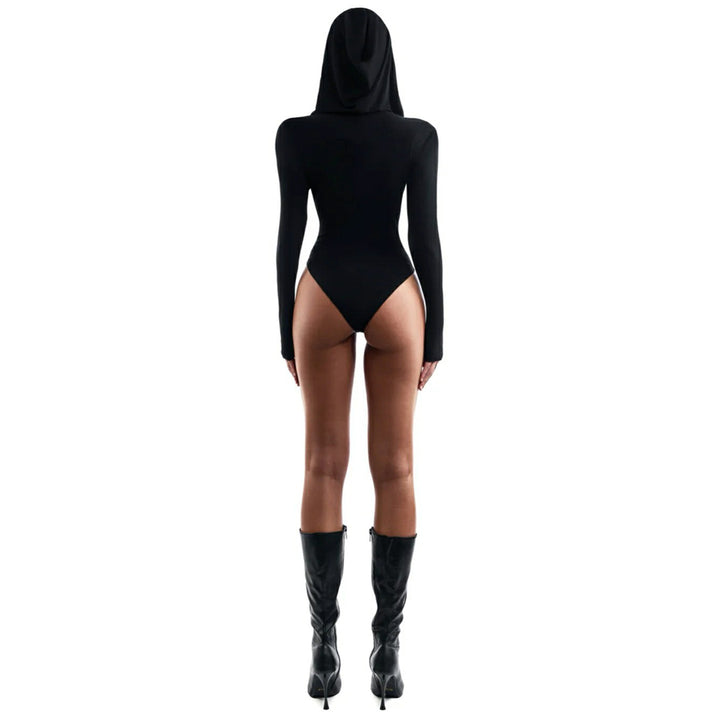 Damen Langarm-Bodysuit mit Kapuze und tiefem V-Ausschnitt Drune