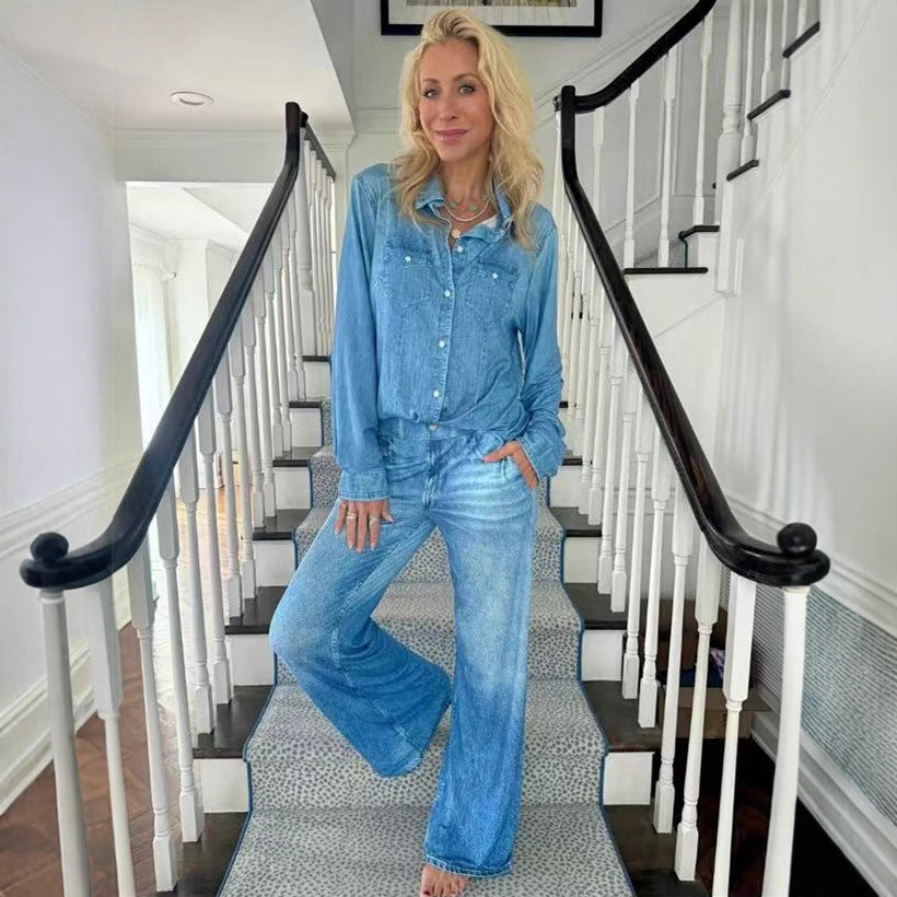 Damen Entspanntes Denim Loungewear-Set mit Übergröße Hemd und Weiten Schlaghosen Drune