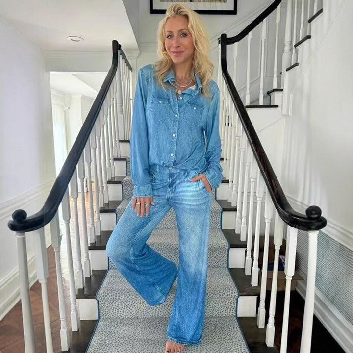 Damen Entspanntes Denim Loungewear-Set mit Übergröße Hemd und Weiten Schlaghosen Drune