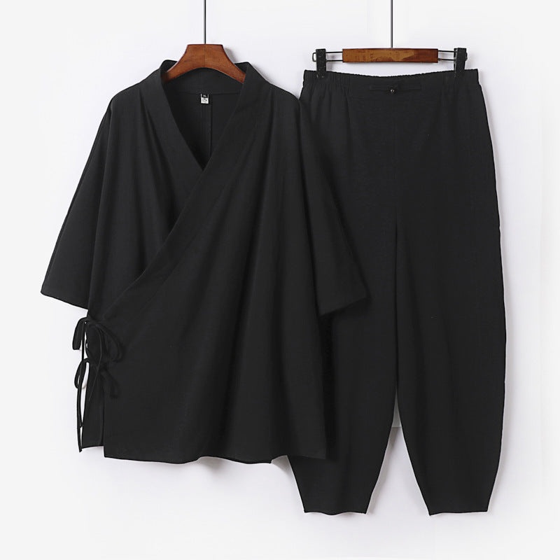 Unisex Leichtes Wickel-Lounge-Set im Kimono-Stil mit seitlichen Bindebändern und elastischer konisch zulaufender Hose Drune