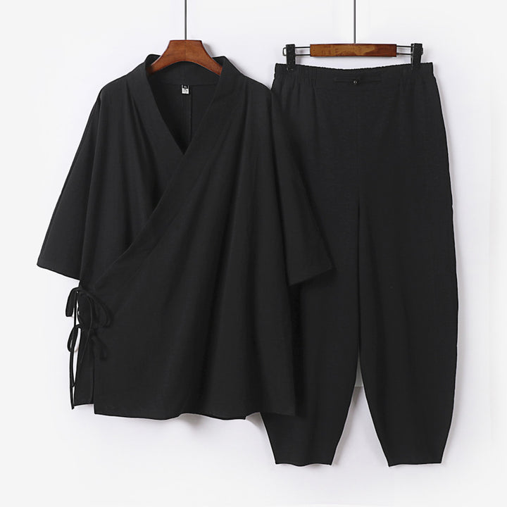 Unisex Leichtes Wickel-Lounge-Set im Kimono-Stil mit seitlichen Bindebändern und elastischer konisch zulaufender Hose Drune