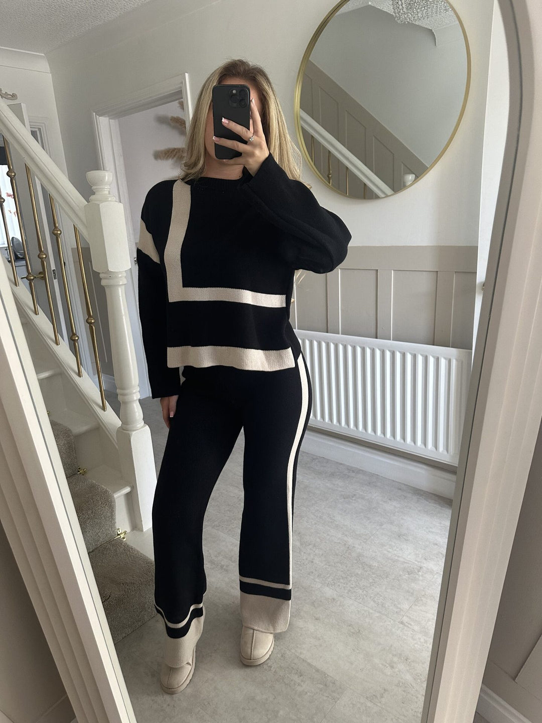 Damen lässiges Strick-Loungewear-Set mit geometrischem Muster Drune
