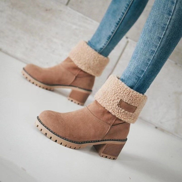 Damen Gefütterte Ankle-Boots mit Lammfell-Umschlag und profiliertem Blockabsatz Drune